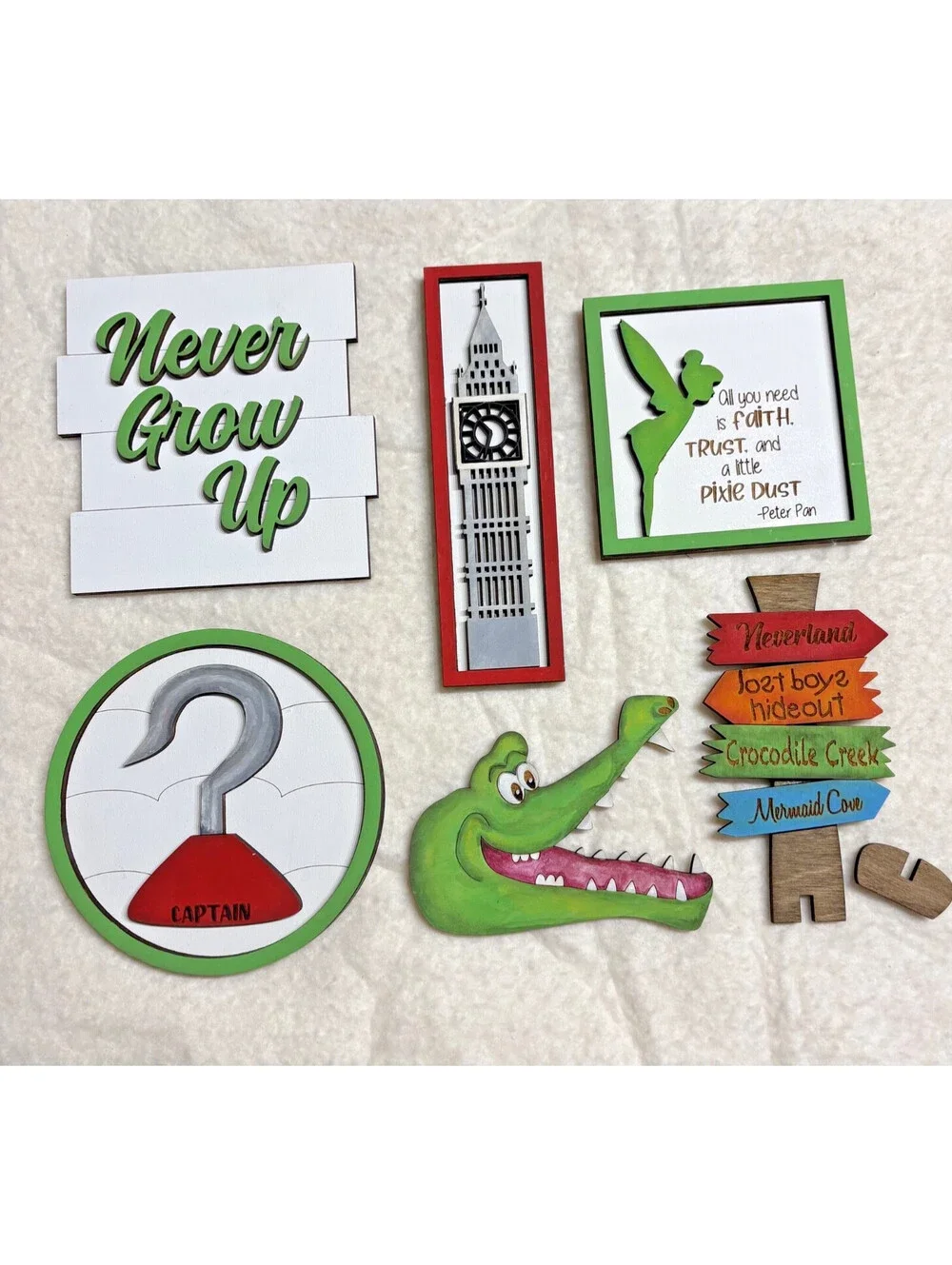 lot of 6 Pcs Peter Pan Tiered Tray Decor Set Wooden Signs - hand painted OOAK